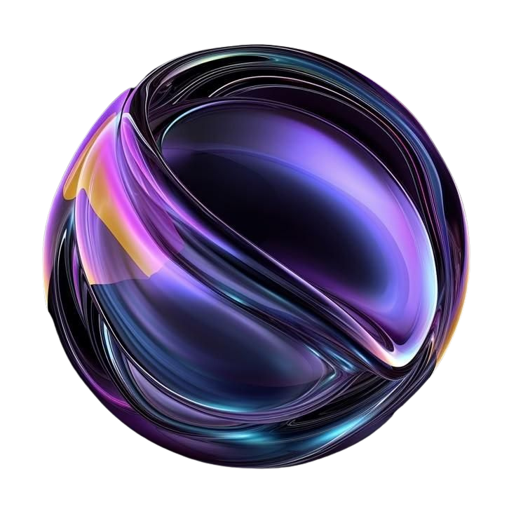 A digitally rendered, glossy sphere with swirling purple, blue, and yellow streaks set against a black background.