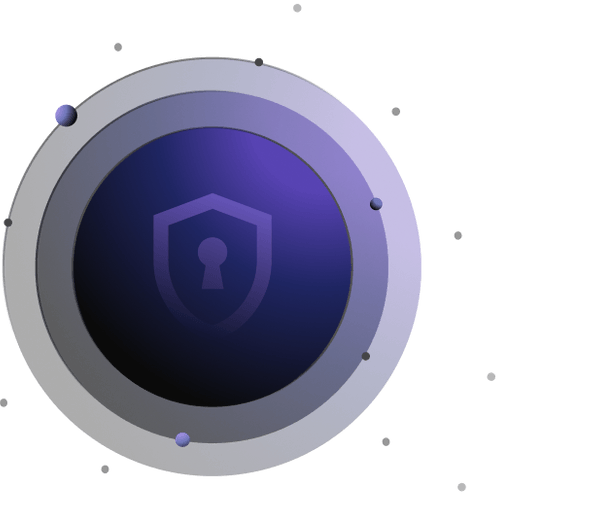 A dark circular shield icon with a keyhole symbol in the center, surrounded by small floating spheres on a gradient blue background.
