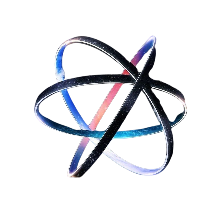 Three interlocking, glowing rings with a galaxy-like texture form an abstract structure against a black background.
