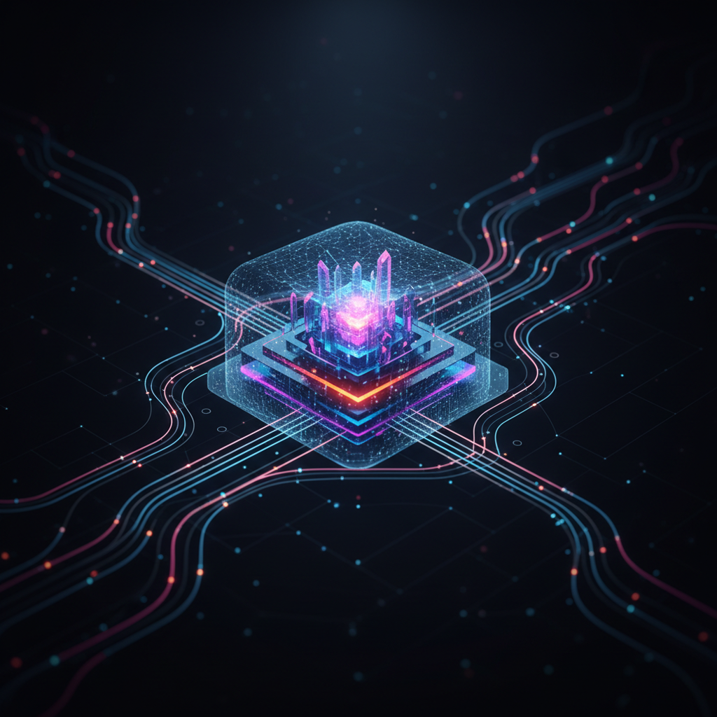A glowing, abstract microchip at the center of a digital network, with colorful circuit lines connecting to it on a dark background.