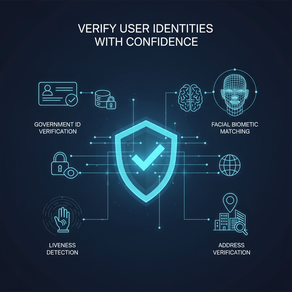 Infographic showing a central shield icon with branches to icons for ID verification, biometric matching, liveness detection, and address verification, labeled as steps in user identity verification.